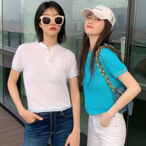 New Year Summer Standings Candy Color Polo Shirt Short Sleeve Knit T-shirt Woman Blouse