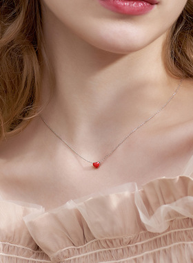 甜美可爱手工红色滴釉爱心小清新桃心电镀S925纯银短项链锁骨链女