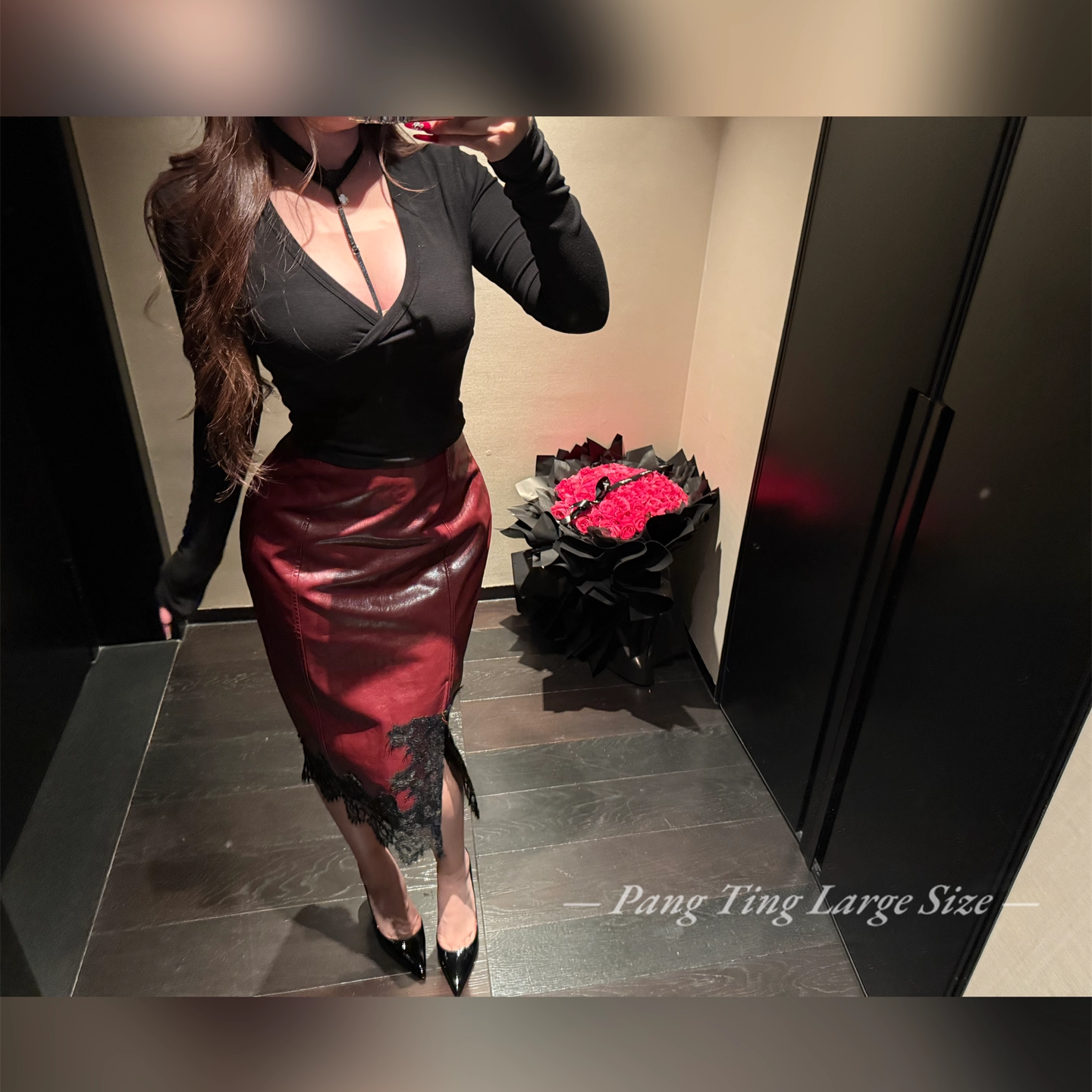 胖婷大码定制胖mm「矜贵女主角」蕾丝开叉修身丰胯油蜡PU包臀皮裙,淘宝优惠券,粉丝福利购,淘宝优惠卷