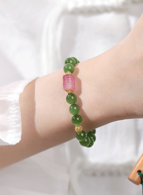 精品和田玉手串碧玉猫眼果绿色俄料18k金碧玺回纹珠8mm单圈文玩女