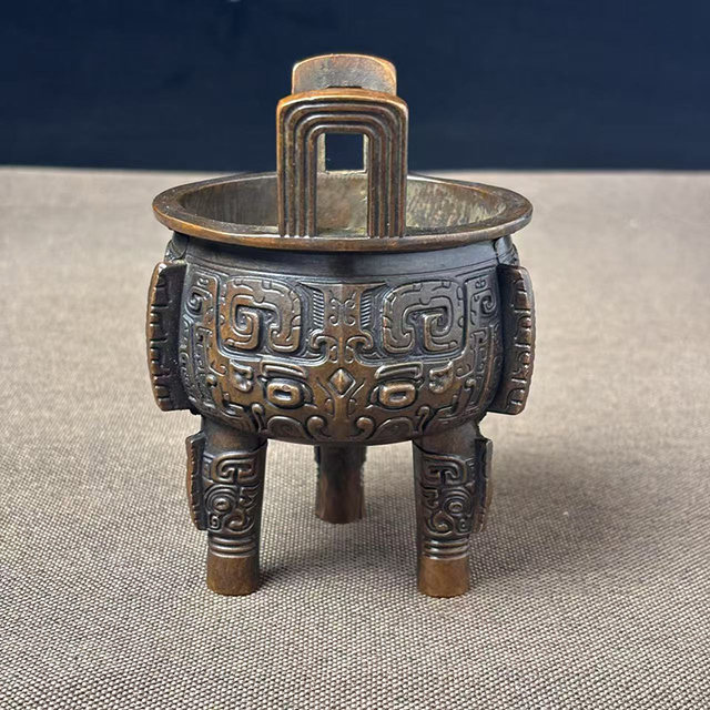 Antique antique pure copper copper three-legged round tripod gluttonous pattern copper incense burner square tripod stove incense burning ornaments home retro