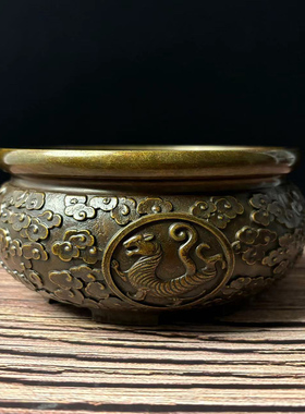 古董文玩纯铜紫铜四神兽铜炉聚宝盆摆件笔洗青龙白虎朱雀玄武炉