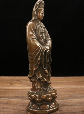 黄铜观世音菩萨拿念珠占像佛像摆件复古莲花座观音菩萨铜像