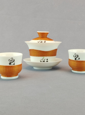 中国非遗竹编茶具套装功夫茶具熊猫图案盖碗茶具商务送礼送外国人