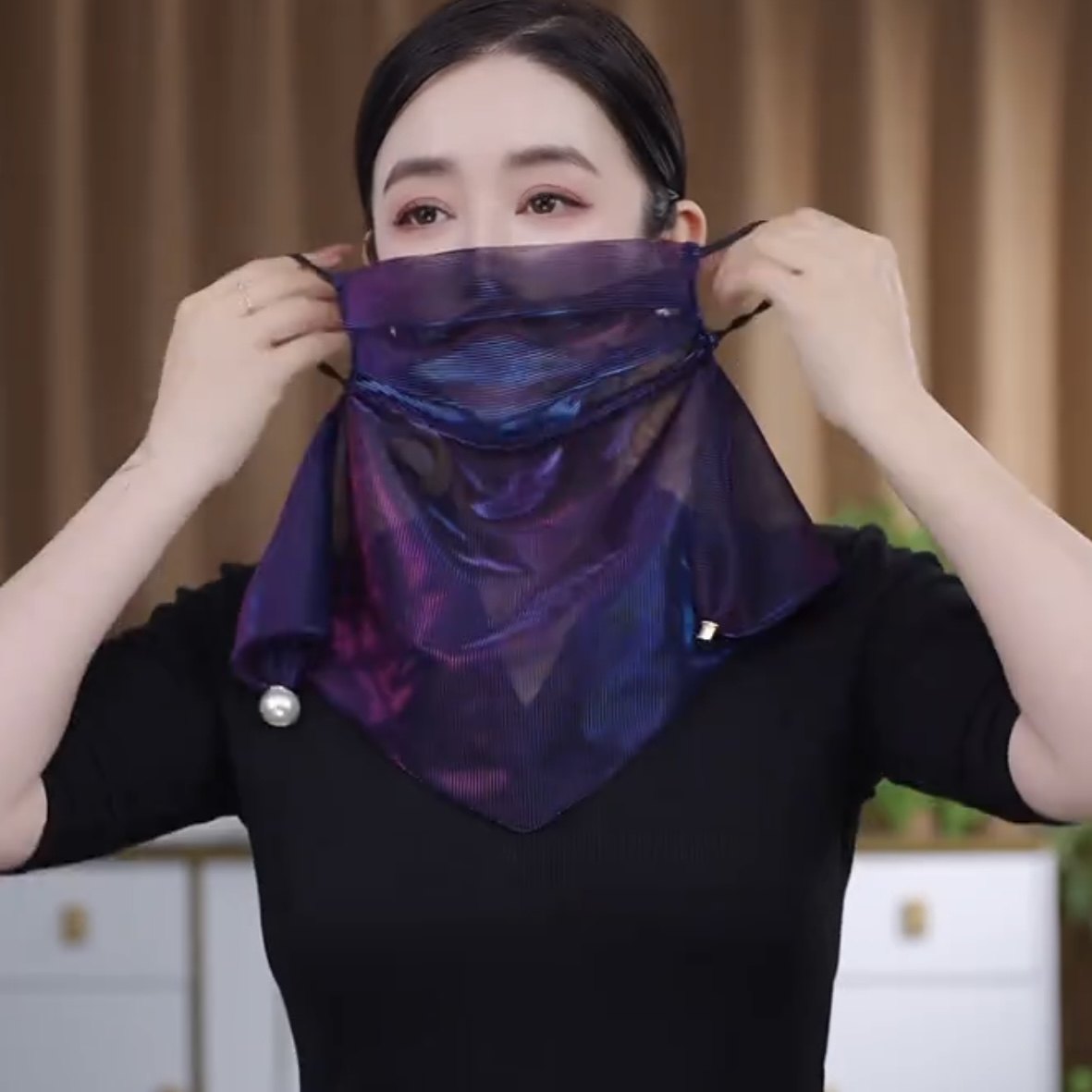 韩版新款夏季防晒面纱炫彩挂珠多功能围巾丝巾纱巾女纯色气质围脖,淘宝优惠券,粉丝福利购,淘宝优惠卷