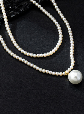 宴会优雅双层琉璃珍珠吊坠项链细款法式复古时尚锁骨链送女生礼物