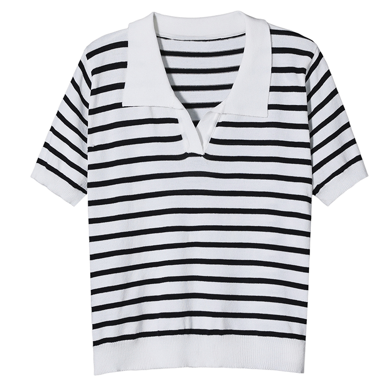 polo领条纹短袖t恤女修身 夏季薄款冰丝针织衫翻领小个子短款上衣 - 图3