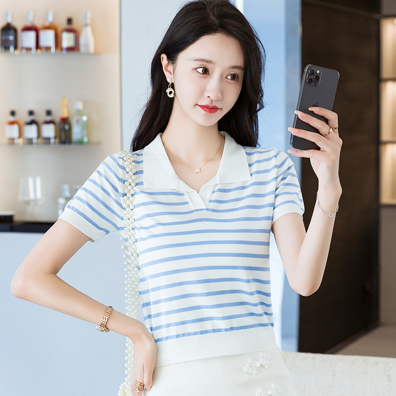 polo领条纹短袖t恤女修身 夏季薄款冰丝针织衫翻领小个子短款上衣 - 图1