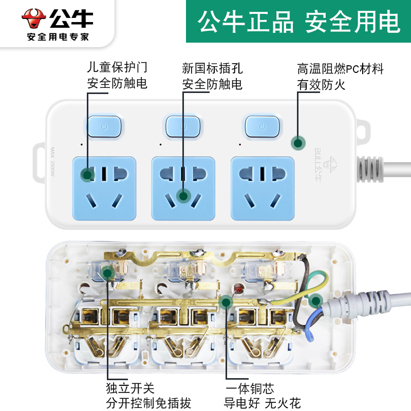 公牛插座面板多孔功能家用正品长线拖接线板电插排插板带线1.8米3 - 图2