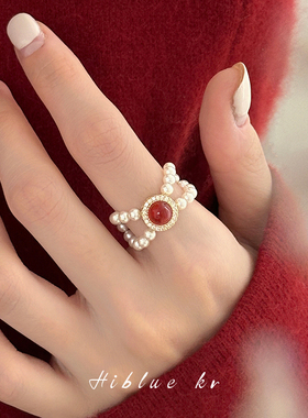 海蓝蓝红色玉髓925银戒指