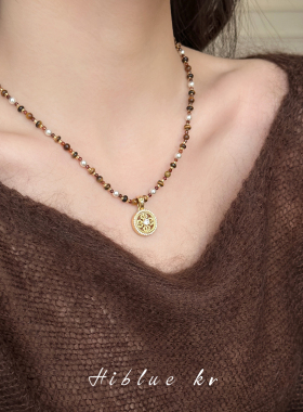 海蓝蓝虎眼石珍珠串珠项链毛衣链