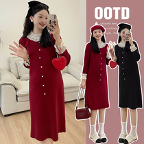 Pregnant woman one-piece dress 2023 new autumn winter design sensation trendy net yarn collar thickened knit dress New Chinese New Year red sweater