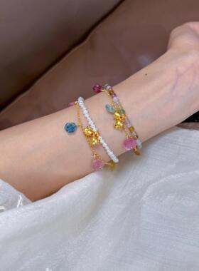 足金999黄金铃兰花手串真金手链天然珍珠/碧玺自带送女友礼物