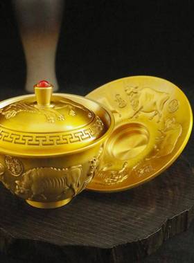 新款中式黄铜五牛茶杯三件套杯盖可转动茶道禅意办公桌面摆件