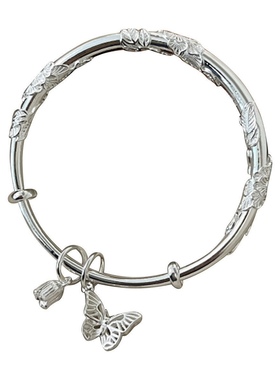 足银9999花蕊蝴蝶心推拉手镯女繁花似锦小众设计送女友送闺蜜