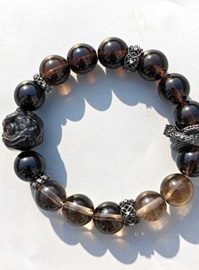 天然黑曜石茶晶12mm原创DIY手链