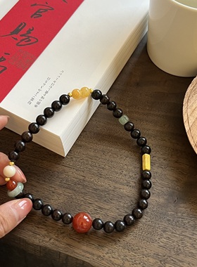 天然黑檀木搭配天然玛瑙国风手链