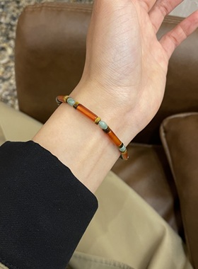 日出无事 新中式文玩古物配色天然红玛瑙虎眼石气质古典转运手串