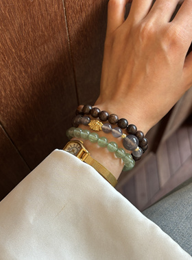 绿兔毛灰玛瑙搭配檀木双圈手链