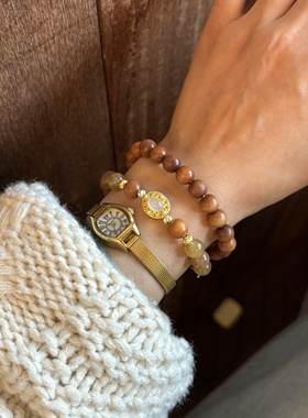 新中式复古色檀木沙金双圈手链