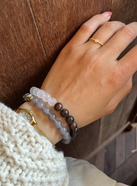 新中式天然石灰玛瑙黑檀木三眼天珠双圈弹力手链