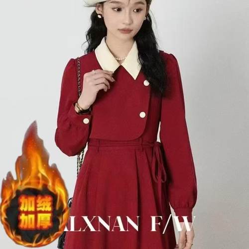 法式桔梗假两件连衣裙秋冬款长袖收腰显瘦连衣裙气质垂感通勤穿搭 - 图2