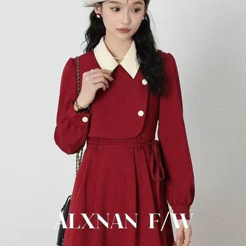 法式桔梗假两件连衣裙秋冬款长袖收腰显瘦连衣裙气质垂感通勤穿搭 - 图0