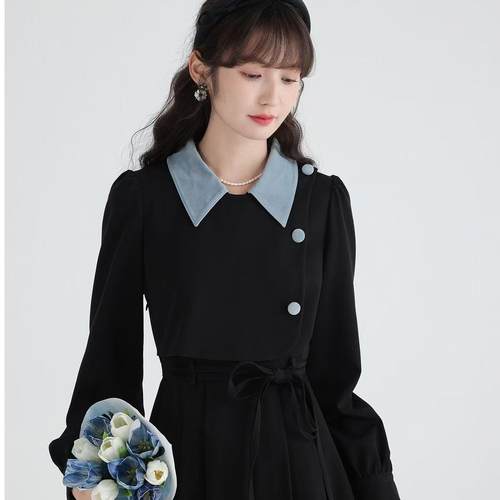 法式桔梗假两件连衣裙秋冬款长袖收腰显瘦连衣裙气质垂感通勤穿搭 - 图1