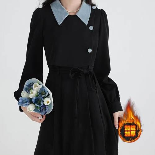 法式桔梗假两件连衣裙秋冬款长袖收腰显瘦连衣裙气质垂感通勤穿搭 - 图3