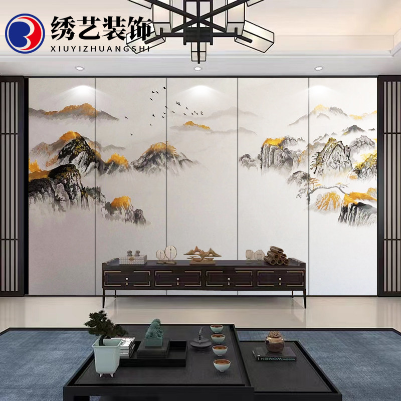 刺绣硬包背景墙新中式山水独绣客厅沙发酒店卧室床头宋式打印3d画,淘宝优惠券,粉丝福利购,淘宝优惠卷