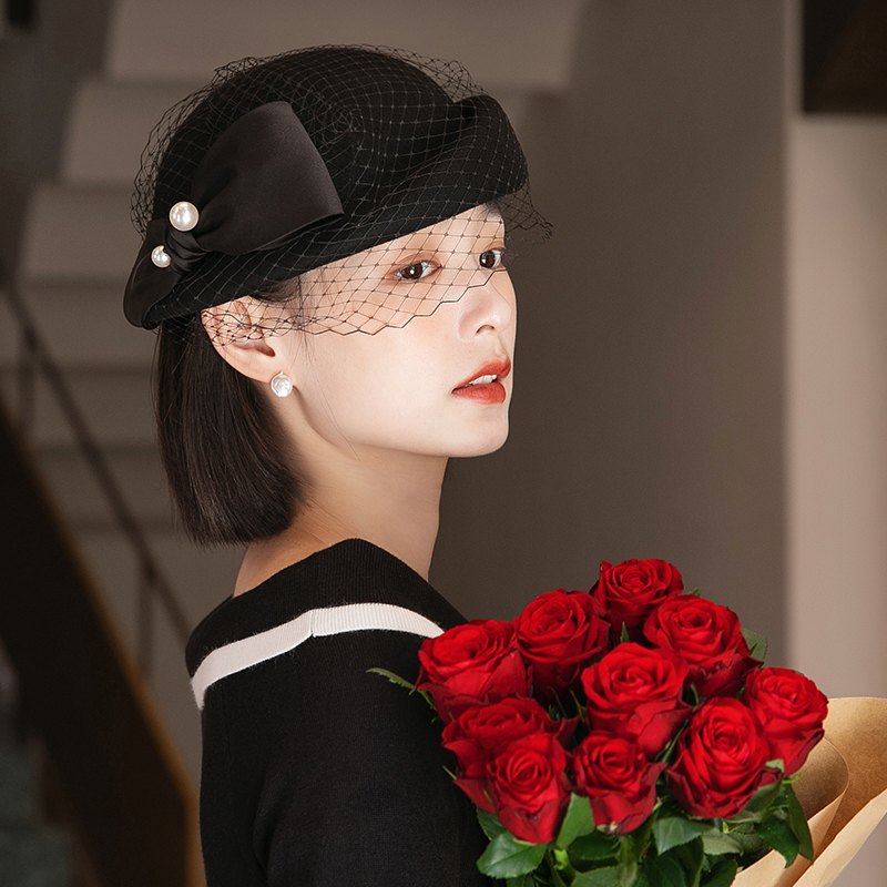 法式黑色网纱复古羊毛毡帽贝雷帽 mauropoli帽子