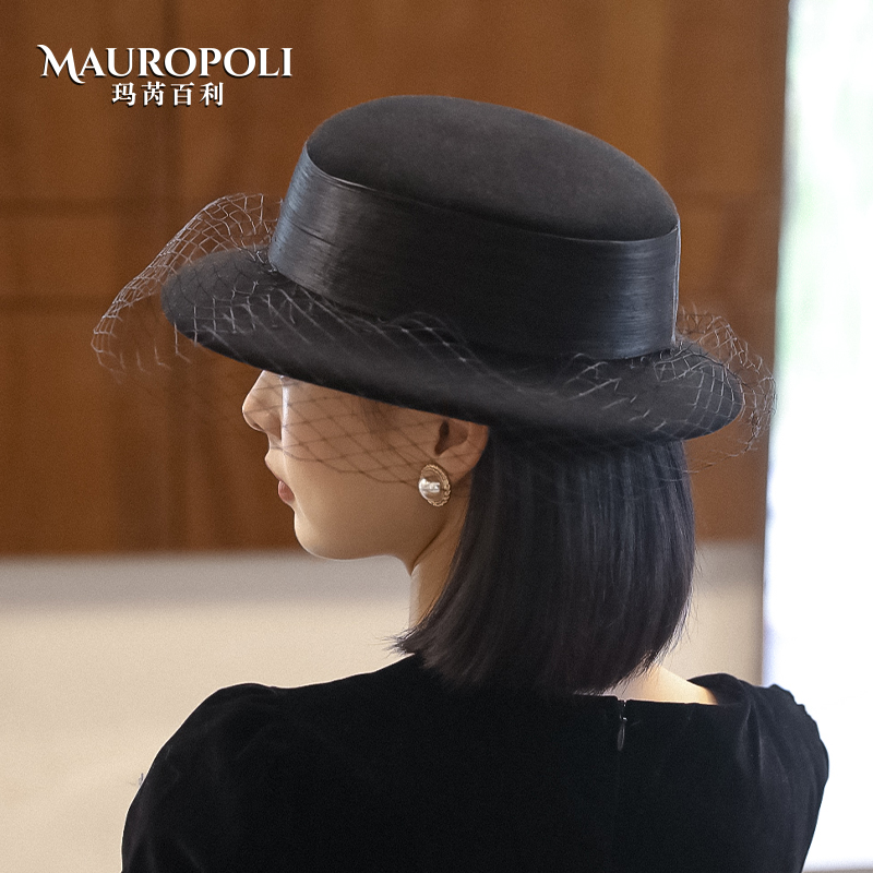 羊毛平顶优雅名媛秋冬新款蕾丝帽子 mauropoli帽子