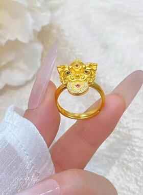 南沙金錾刻招财25.1.23.貔貅戒指指女黄金色钱币招财貔貅活咬越口