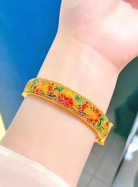 琅荷花手镯复越南沙金卡莲花手环小红书同扣9.9.03款国潮古开口珐