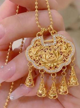 古法越富贵吉祥流苏莲花钻锁12.15.01吊坠 仿南沙金长复命锁气质