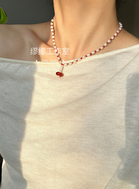 新中式红玛瑙原创淡水珍珠毛衣链锁骨链原创项链本命年生日礼物