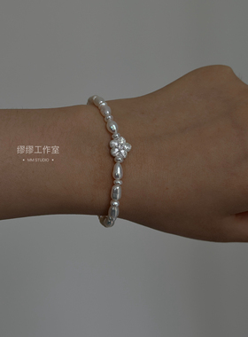 一朵小花～闪亮拉丝925纯银小花朵珍珠手链新品小清新送女友礼物