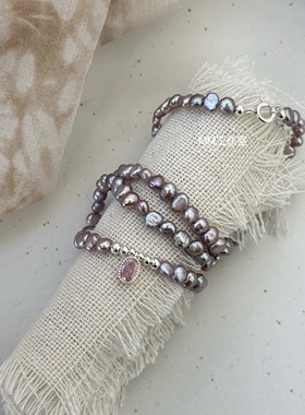 原创设计天然紫粉色极光真珍珠项链女锁骨链925银配件生日礼物