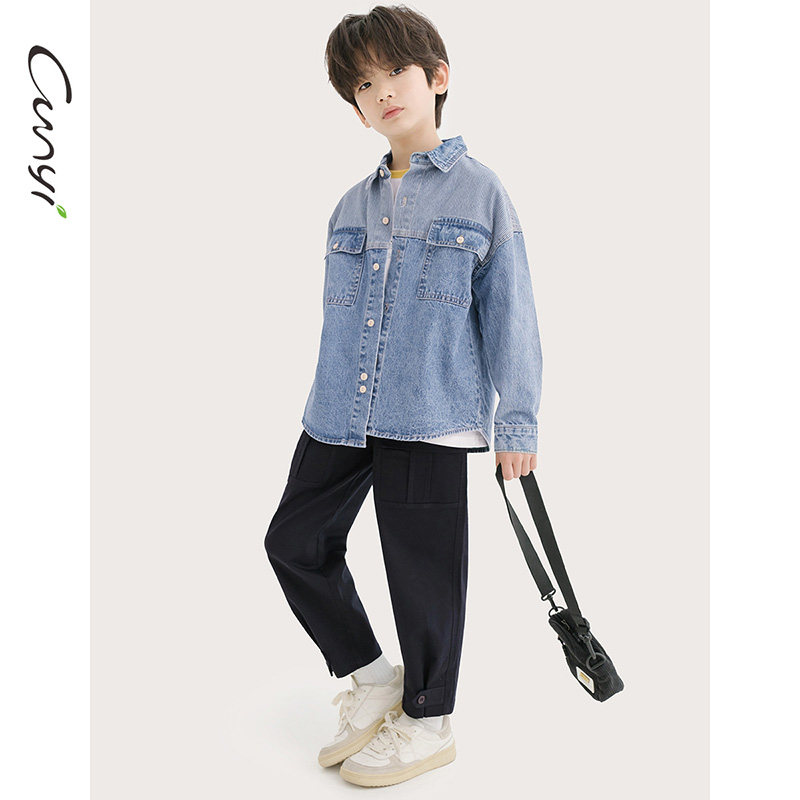 Cunyi纯一良品童装男童牛仔衬衫秋季新品儿童潮流条纹拼接外套,淘宝优惠券,粉丝福利购,淘宝优惠卷