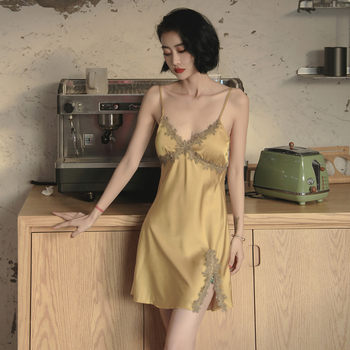 ຊຸດນອນ sexy, high-end women mood summer ice silk thin summer suspender breast pad nightgown 2023 new style