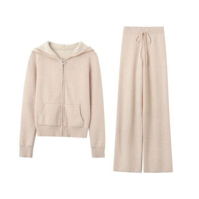 Han Yujia ballet ສີບົວ imitation mink yarn ຜະສົມບວກກັບ velvet hooded cardigan ຊຸດໂສ້ງຖັກຊື່