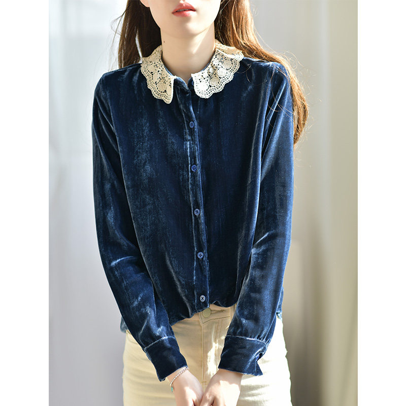 蓝色金丝绒真丝女春装2022新款衬衫 gesgoo衬衫