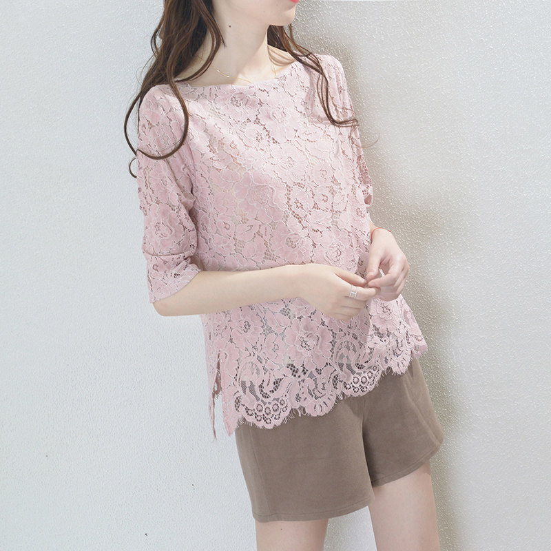 镂空春秋粉色一字领洋气小衫中袖 gesgoo蕾丝衫/雪纺衫