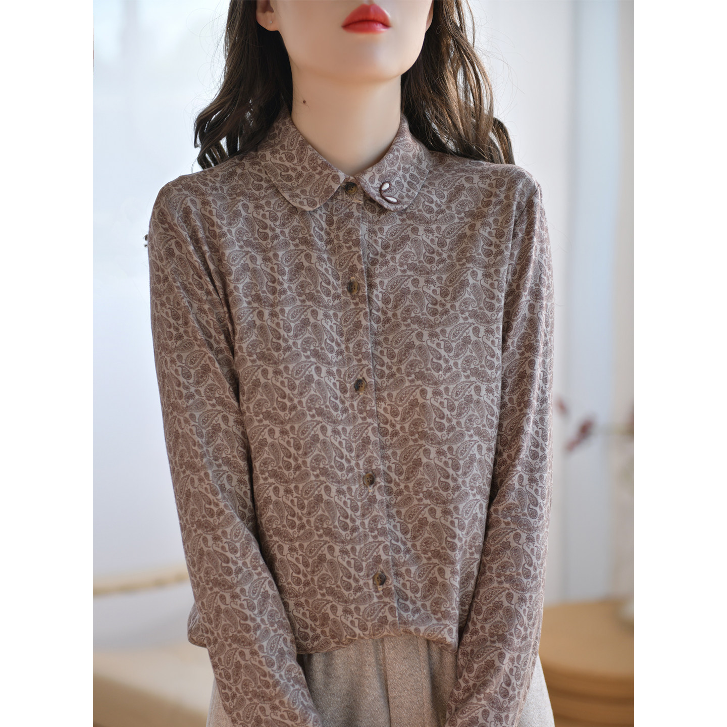 GESGOO复古文艺腰果花长袖上衣女秋季内搭休闲翻领含亚麻衬衫显瘦