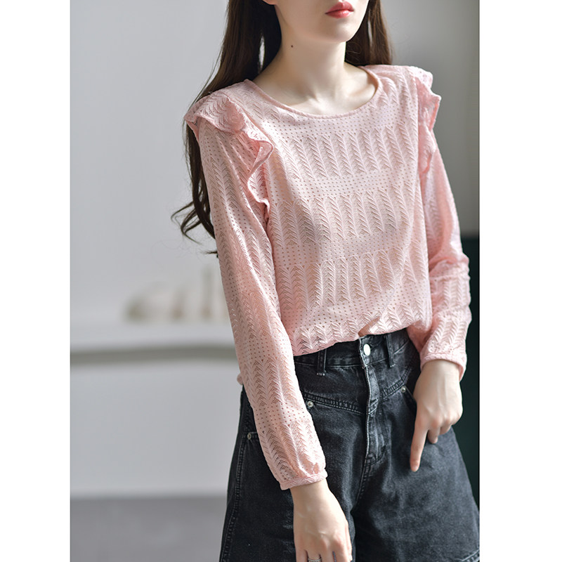 早秋新款粉色蕾丝小衫褶皱袖子衬衫 gesgoo蕾丝衫/雪纺衫