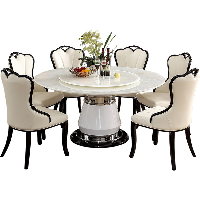 欧式天然玉石大理石餐桌圆形简约现代家用高档质超纤皮圆桌椅组合,淘宝优惠券,粉丝福利购,淘宝优惠卷