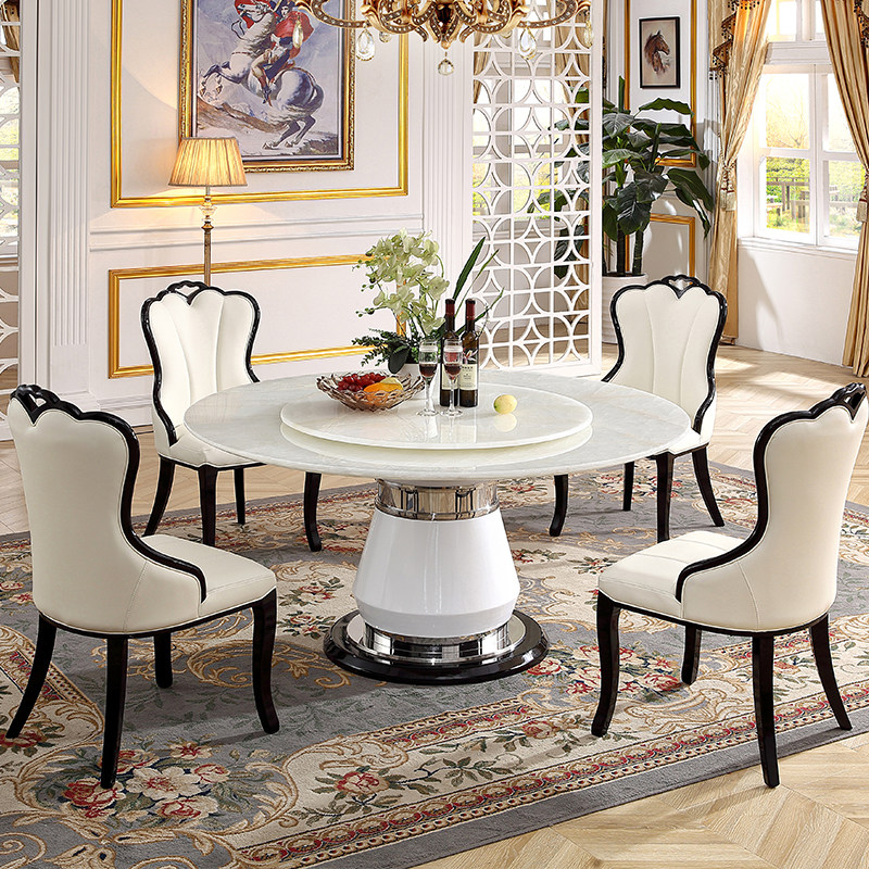 欧式天然玉石大理石餐桌圆形简约现代家用高档质超纤皮圆桌椅组合,淘宝优惠券,粉丝福利购,淘宝优惠卷