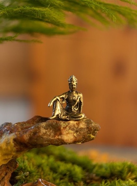 微景观铜摆件中式佛陀精铸造景茶道香道禅意苔藓假山盆景沙盘装饰