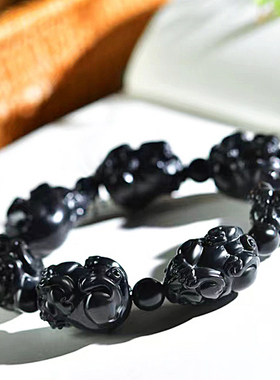 新疆和田玉墨玉貔貅手串男黑羊脂皮休手链女黑玉石手把件手饰品
