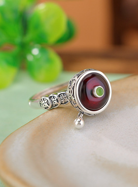 S925纯银蜜蜡血珀复古做旧福字钱币平安扣转动戒指旋转指环